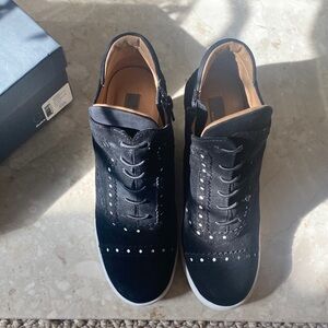 Black suede wedge Saks fifth Avenue woman